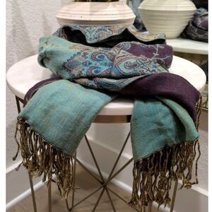 Unbranded Paisley Scarf Teal Purple Reversible Fringe Shawl Boho Pashmina Style